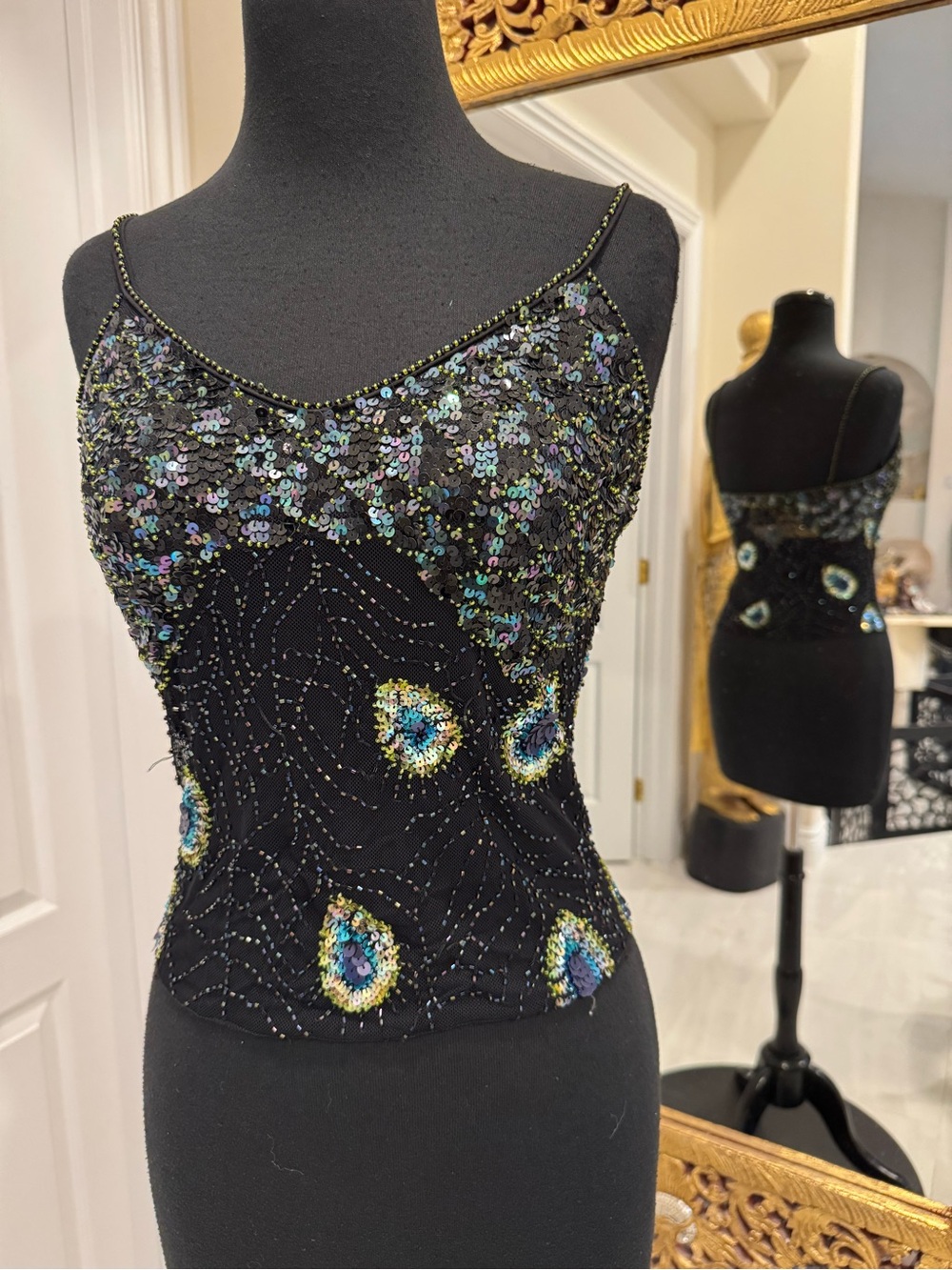 Black Beaded & hand beaded Sequin Peacock Motif Cami Top stretch - Picture 5 of 6